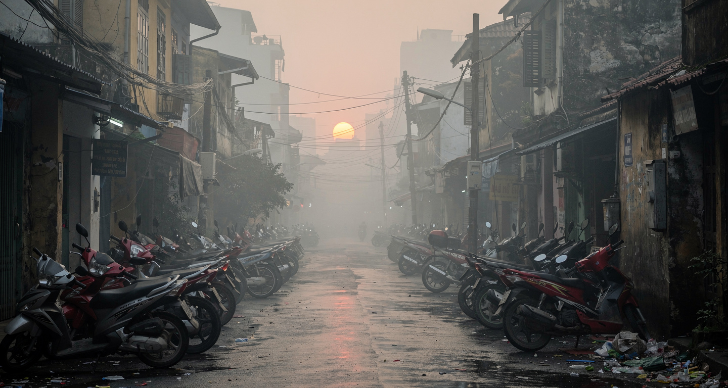 Hanoi street shrouded in smog with parked motorbikes and scooters, heavy air pollution