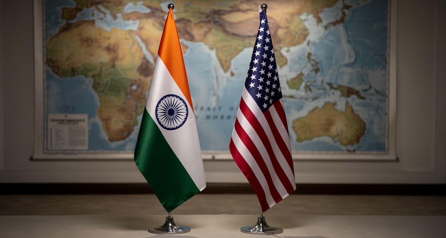 Indian and US flags with blurred map of Strait of Hormuz in background