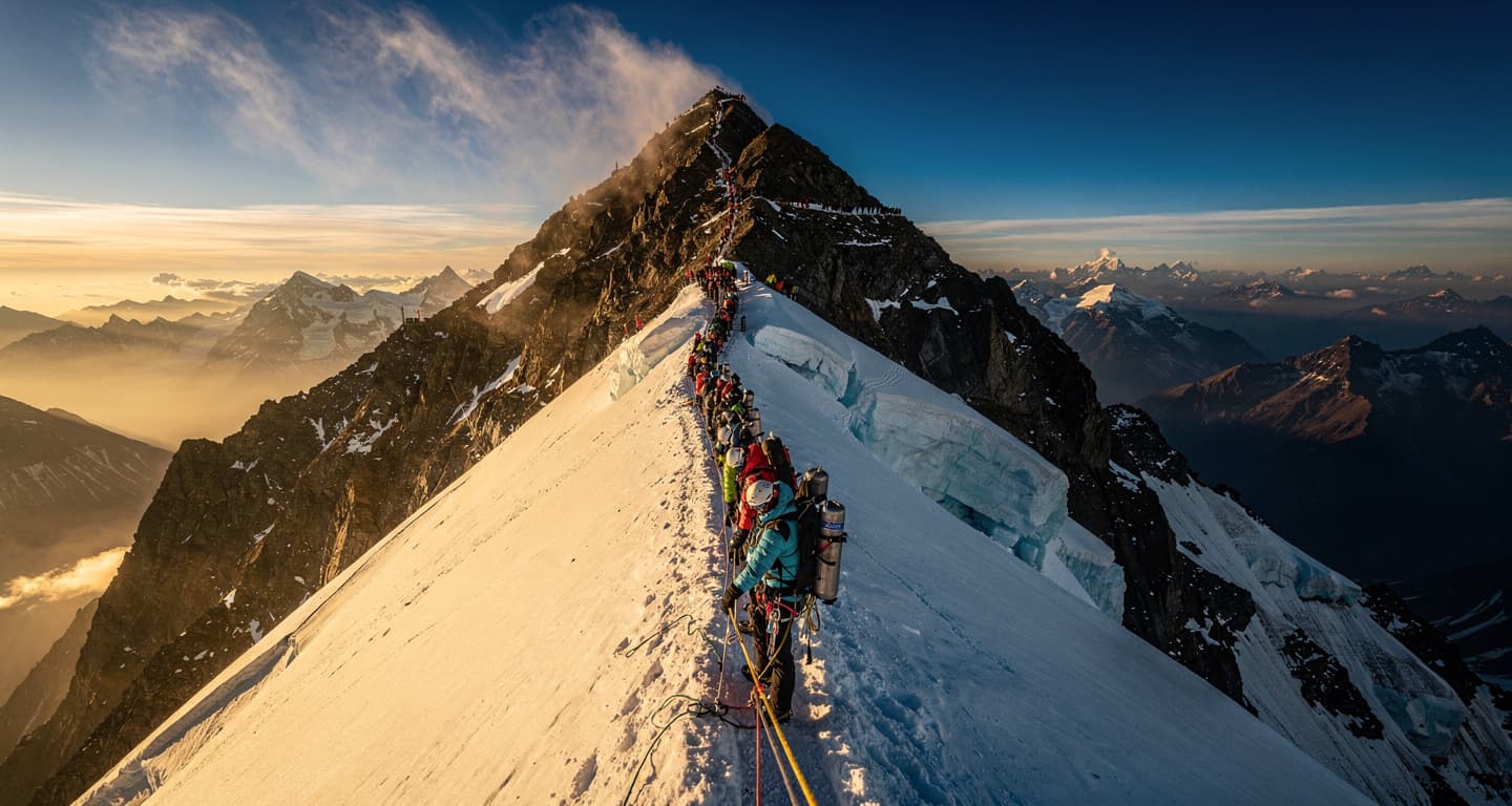 Long queue of climbers on fixed line near Everest summit, Nepal side