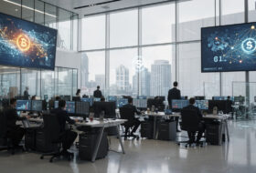 Modern financial trading floor with digital displays, Singapore or Hong Kong financial district