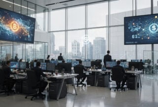 Modern financial trading floor with digital displays, Singapore or Hong Kong financial district