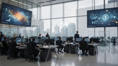 Modern financial trading floor with digital displays, Singapore or Hong Kong financial district