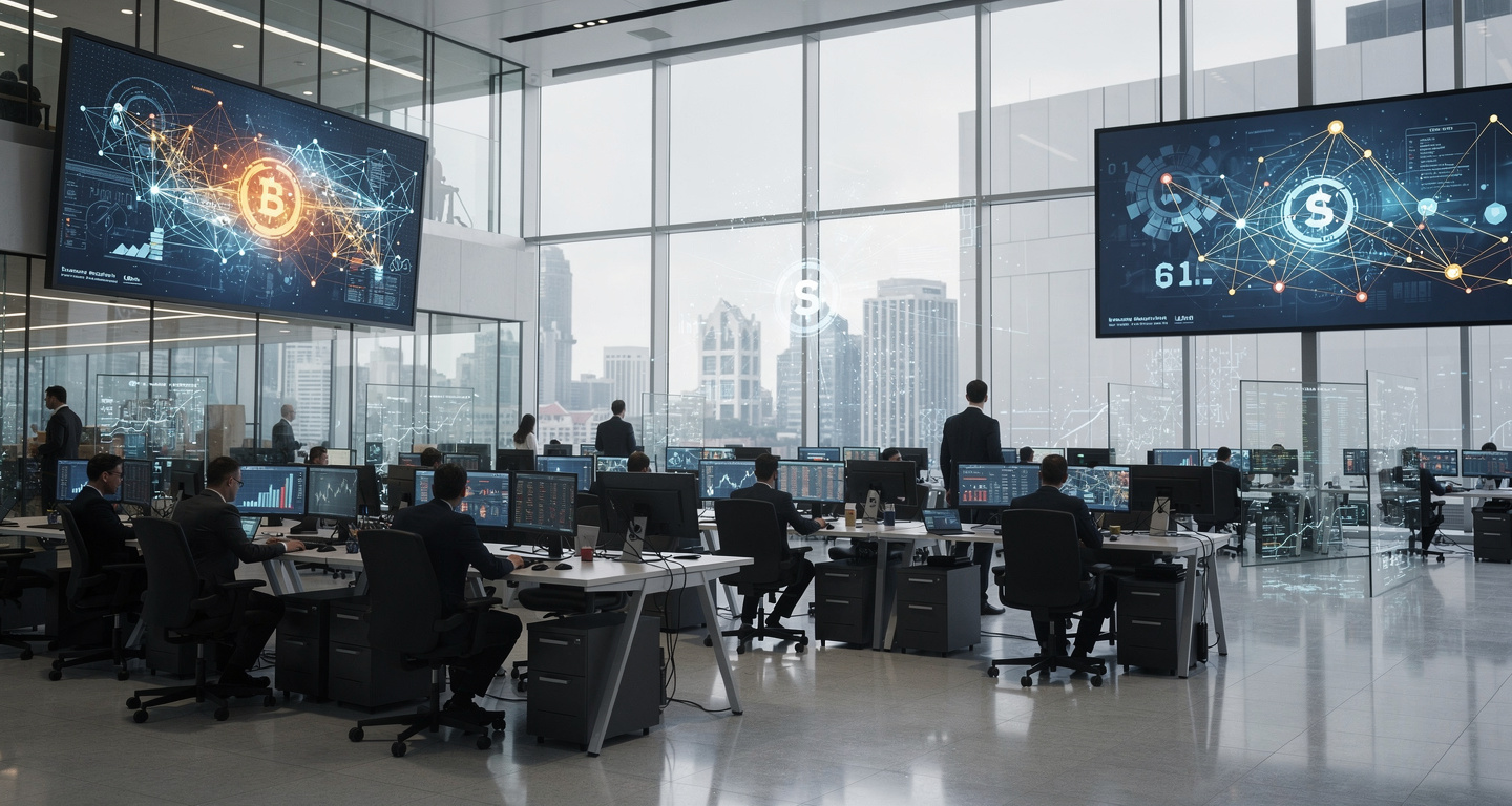 Modern financial trading floor with digital displays, Singapore or Hong Kong financial district