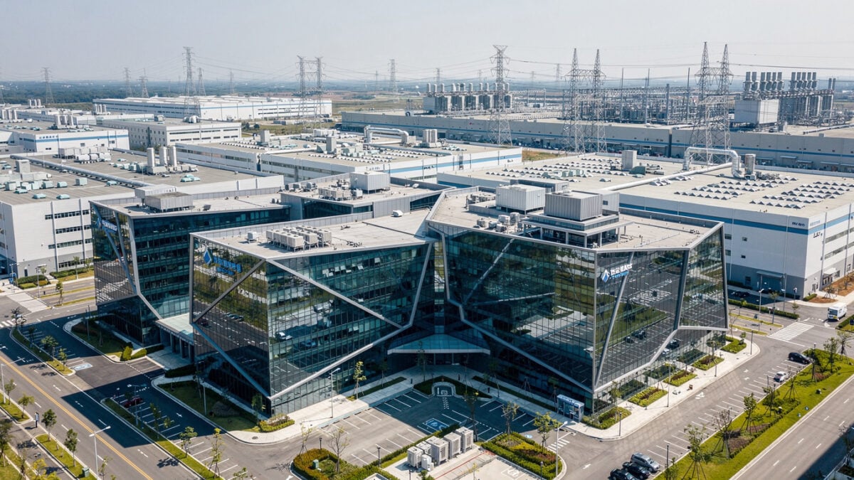 Modern glass campus in Taipei technology park with semiconductor fabs visible in background