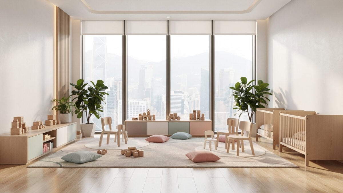 Modern nursery interior in a Hong Kong high-rise, soft natural light