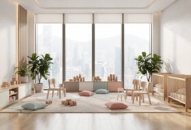 Modern nursery interior in a Hong Kong high-rise, soft natural light