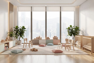 Modern nursery interior in a Hong Kong high-rise, soft natural light