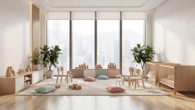 Modern nursery interior in a Hong Kong high-rise, soft natural light