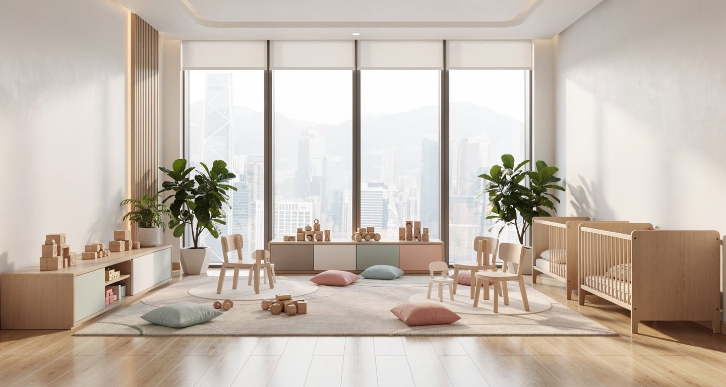 Modern nursery interior in a Hong Kong high-rise, soft natural light
