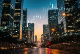 Mumbai financial district skyline with digital currency graphs at dusk