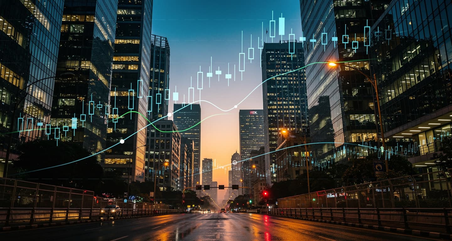 Mumbai financial district skyline with digital currency graphs at dusk