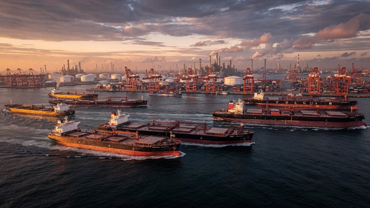 Oil tankers near a major Asian port at sunset, industrial cranes visible
