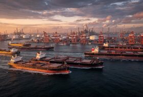 Oil tankers near a major Asian port at sunset, industrial cranes visible