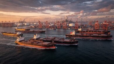 Oil tankers near a major Asian port at sunset, industrial cranes visible