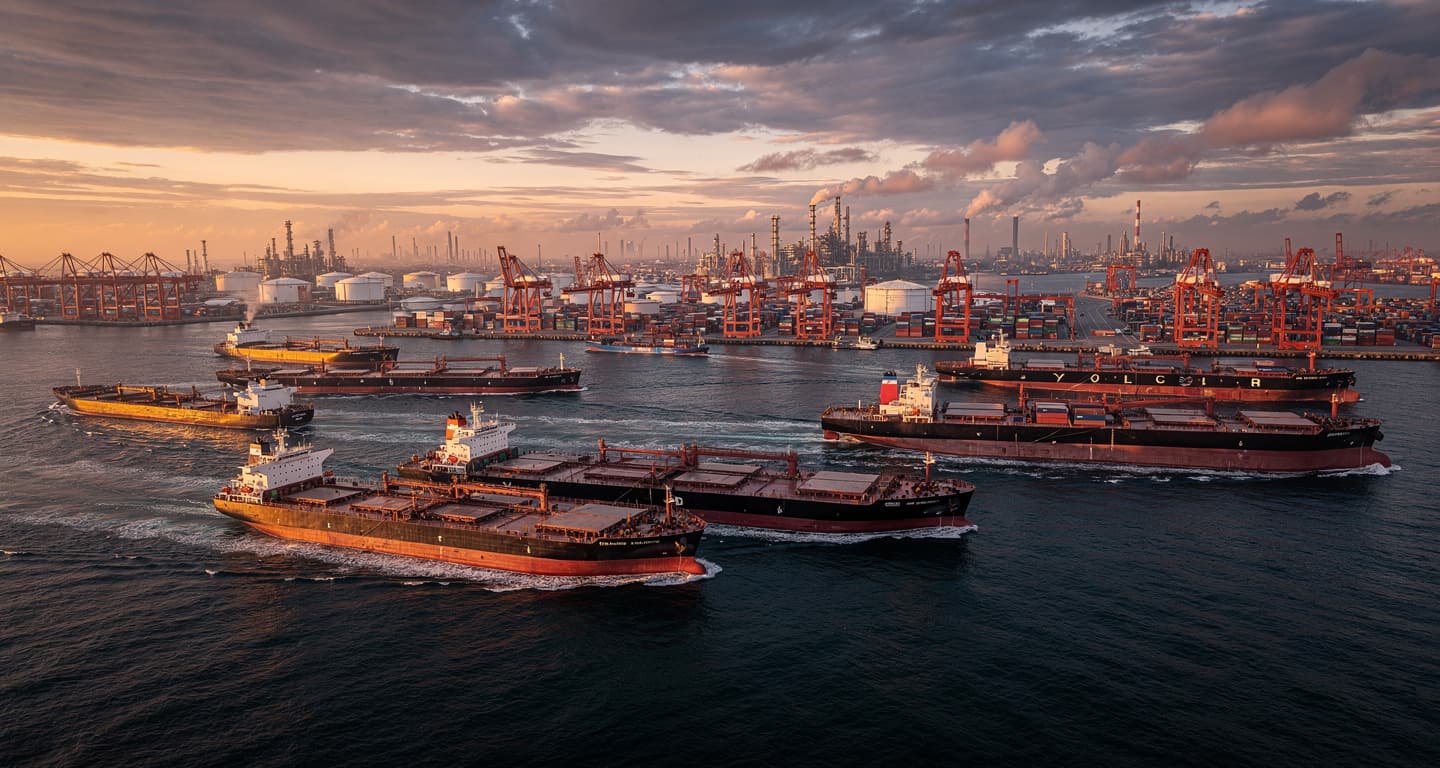 Oil tankers near a major Asian port at sunset, industrial cranes visible