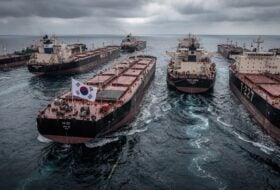 Oil tankers near Strait of Hormuz, South Korean flag, overcast sky