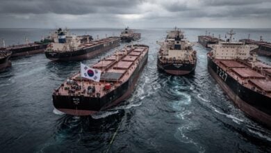 Oil tankers near Strait of Hormuz, South Korean flag, overcast sky
