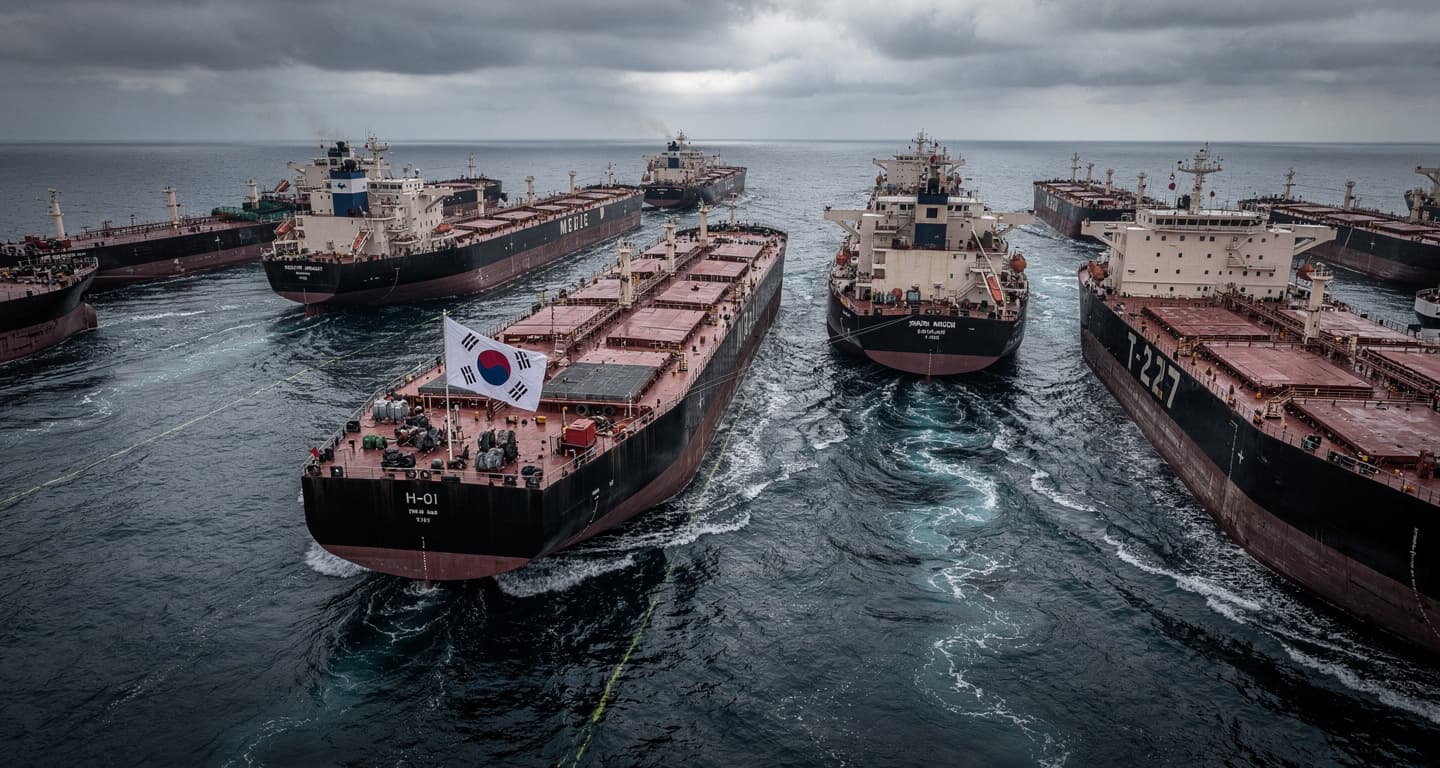 Oil tankers near Strait of Hormuz, South Korean flag, overcast sky