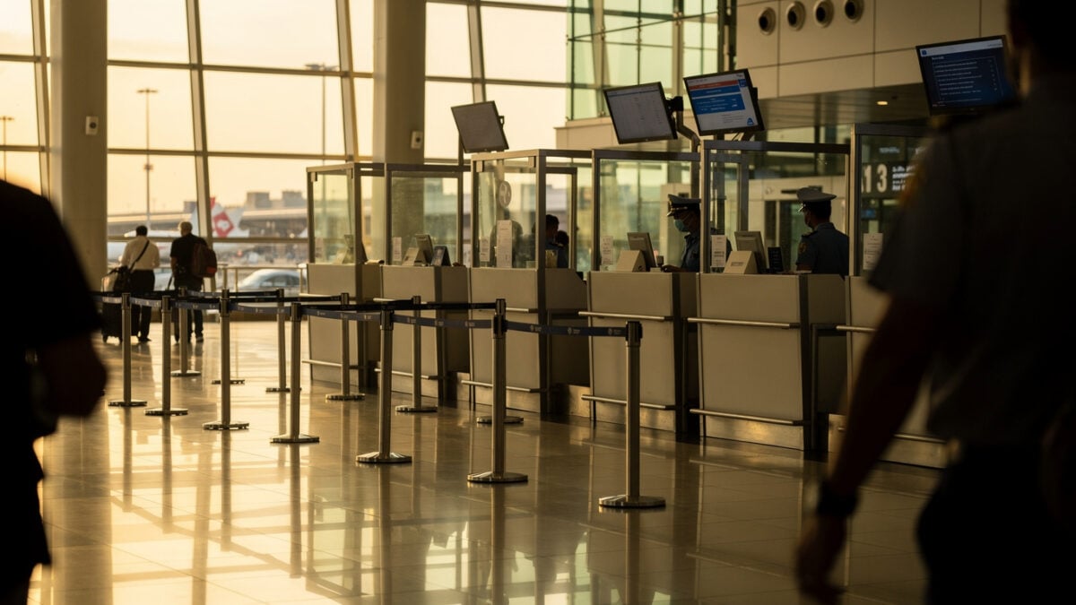 Passport control desk at Bangkok airport with travelers queuing