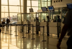 Passport control desk at Bangkok airport with travelers queuing