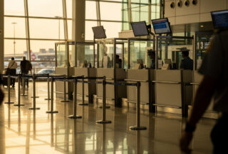 Passport control desk at Bangkok airport with travelers queuing