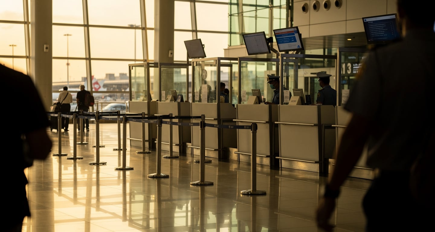 Passport control desk at Bangkok airport with travelers queuing