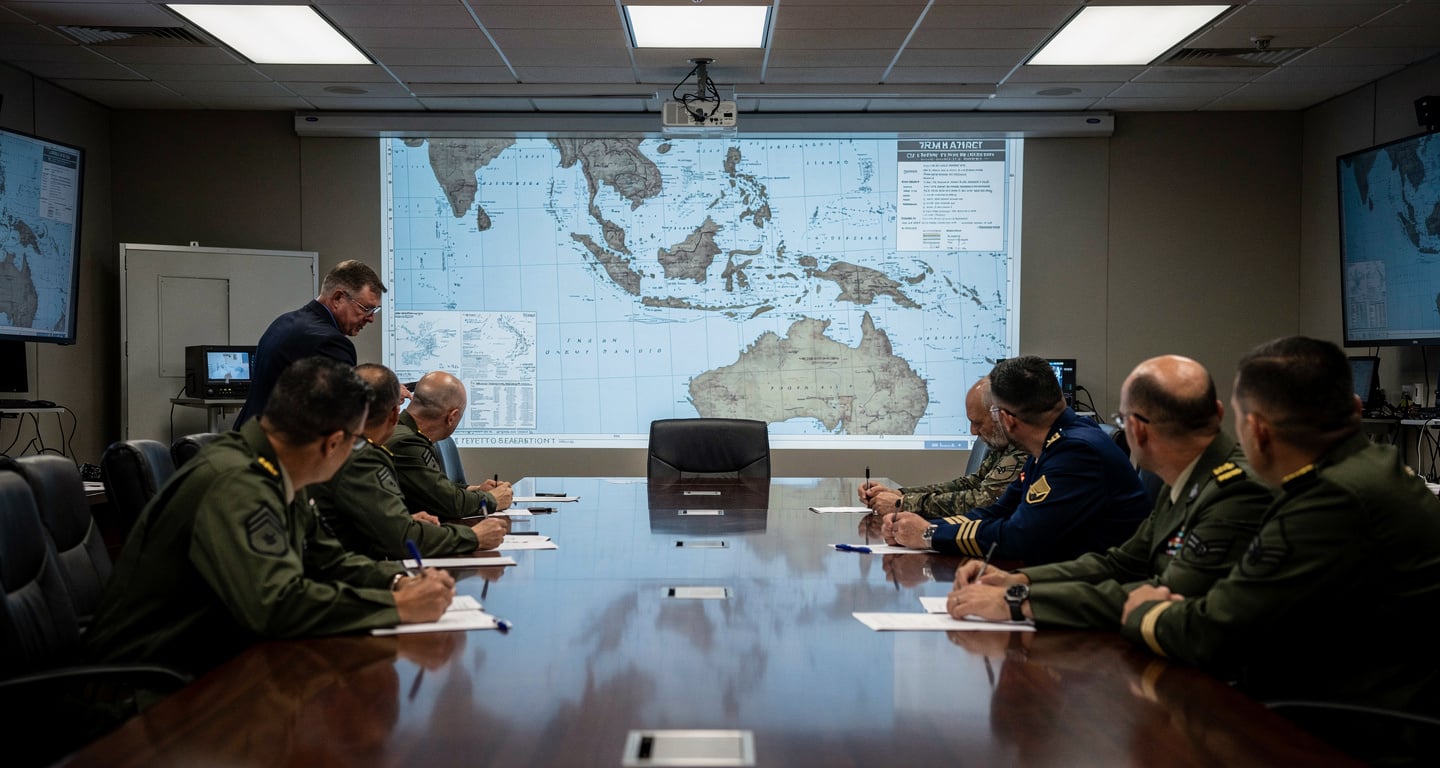 Pentagon war room with military officers reviewing Taiwan Strait strategic maps