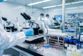 Pharmaceutical research laboratory in China with scientists at biotech workstations