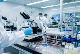 Pharmaceutical research laboratory in China with scientists at biotech workstations