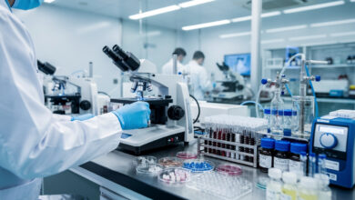 Pharmaceutical research laboratory in China with scientists at biotech workstations