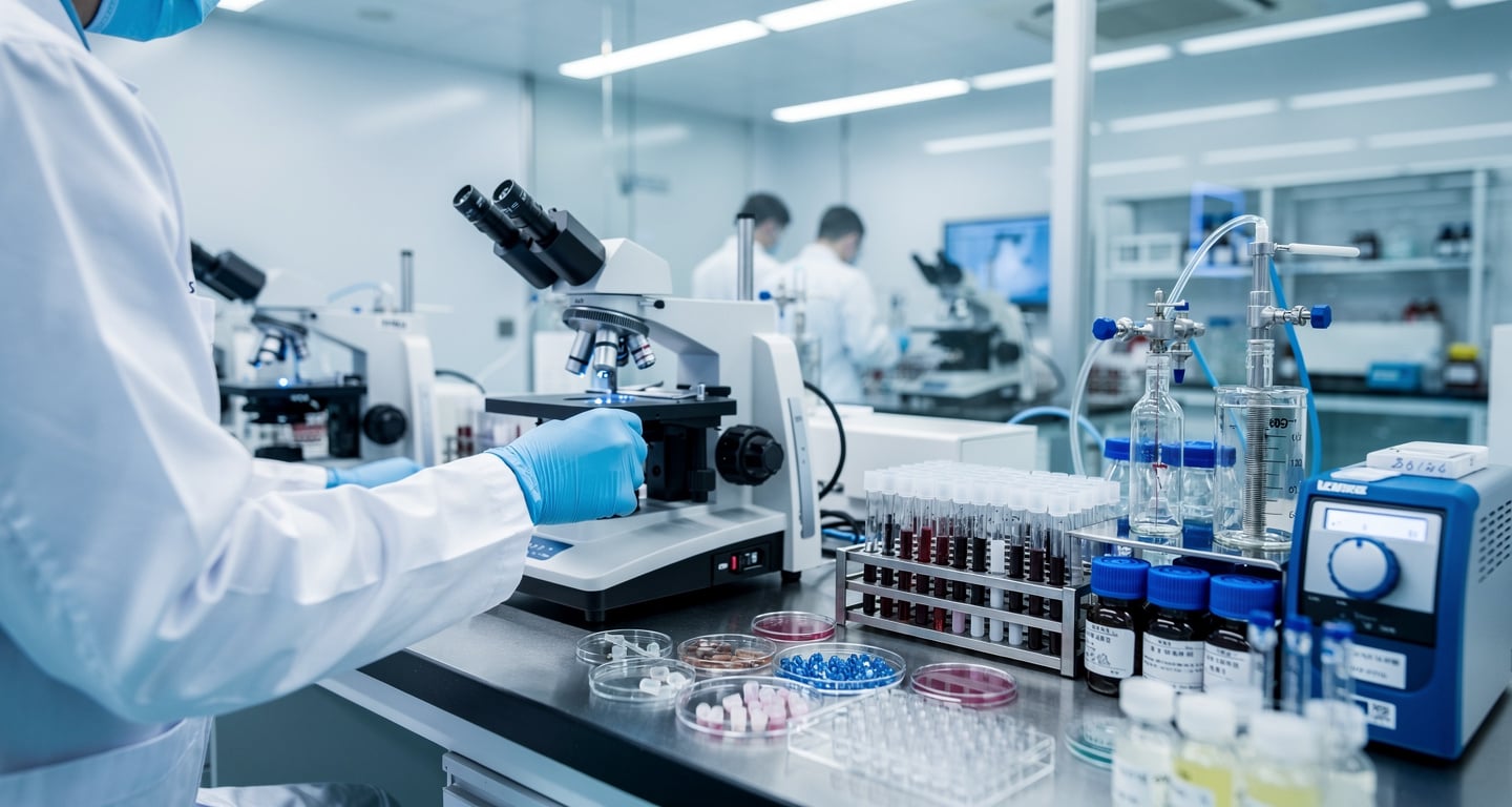 Pharmaceutical research laboratory in China with scientists at biotech workstations