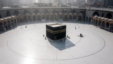 Pilgrims circling the Kaaba in Mecca under extreme heat haze