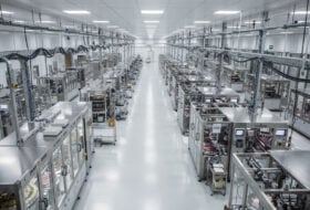 Semiconductor manufacturing facility with DRAM production equipment under industrial lighting