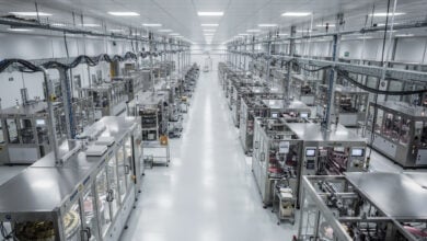 Semiconductor manufacturing facility with DRAM production equipment under industrial lighting