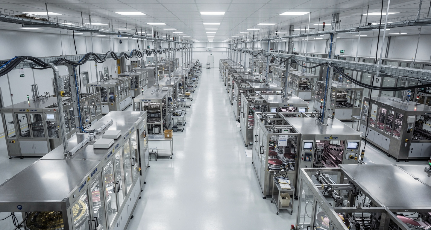 Semiconductor manufacturing facility with DRAM production equipment under industrial lighting