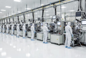 Semiconductor manufacturing facility interior, Hsinchu Taiwan, precision equipment and cleanroom workers