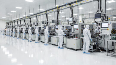 Semiconductor manufacturing facility interior, Hsinchu Taiwan, precision equipment and cleanroom workers