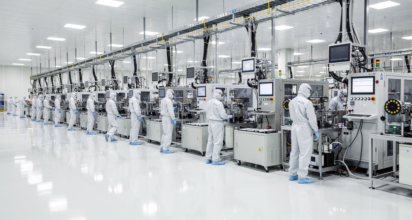 Semiconductor manufacturing facility interior, Hsinchu Taiwan, precision equipment and cleanroom workers