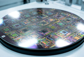 Semiconductor wafer with circuit patterns in a South Korean cleanroom