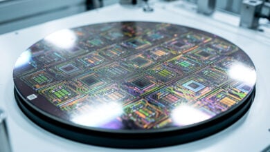 Semiconductor wafer with circuit patterns in a South Korean cleanroom