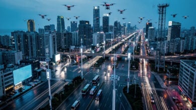 Shenzhen skyline with electric buses, taxis, and drone delivery infrastructure integrated into smart city streets