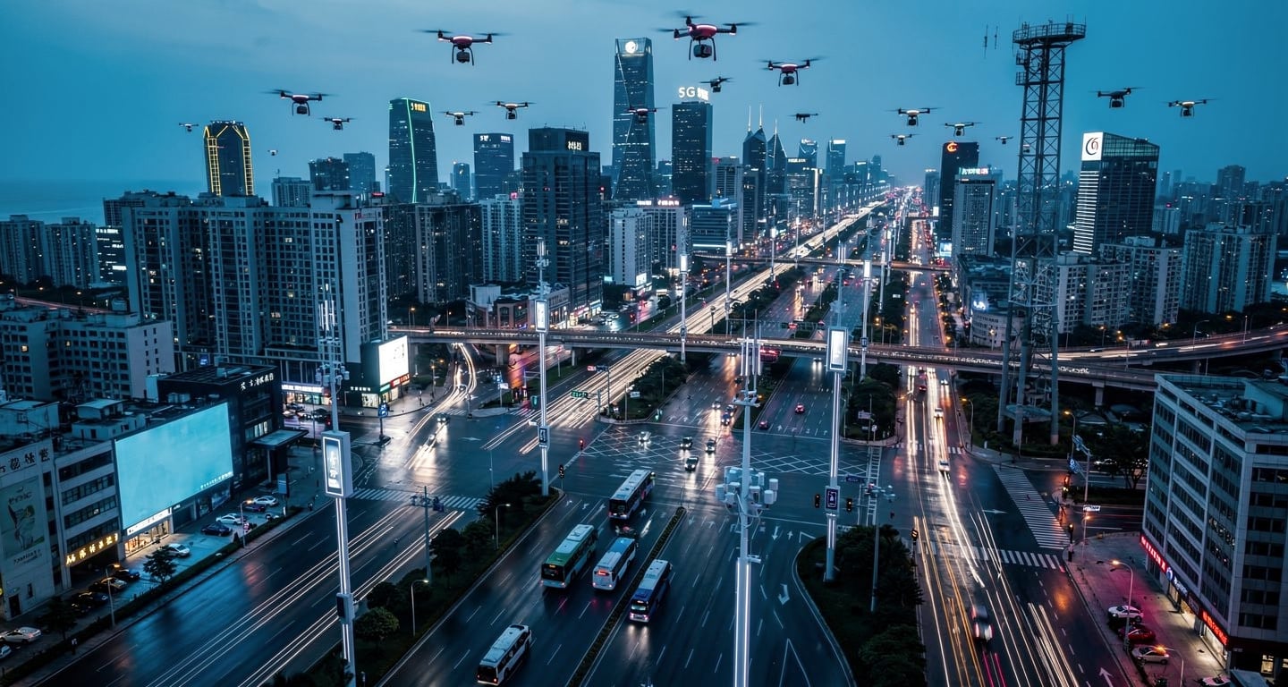 Shenzhen skyline with electric buses, taxis, and drone delivery infrastructure integrated into smart city streets