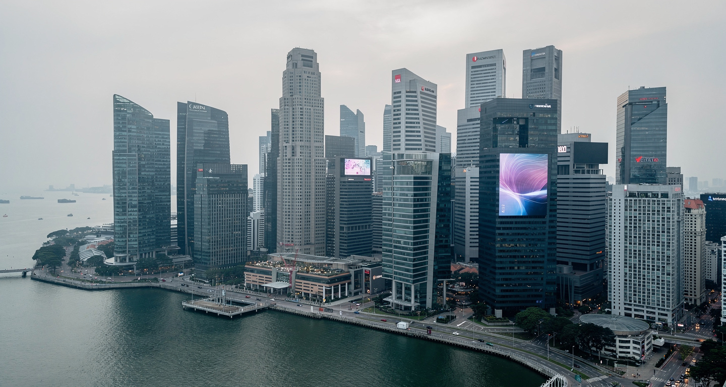 Singapore financial district skyline with modern office towers under overcast sky
