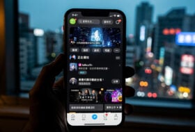 Smartphone displaying Chinese streaming app with Taipei skyline in background