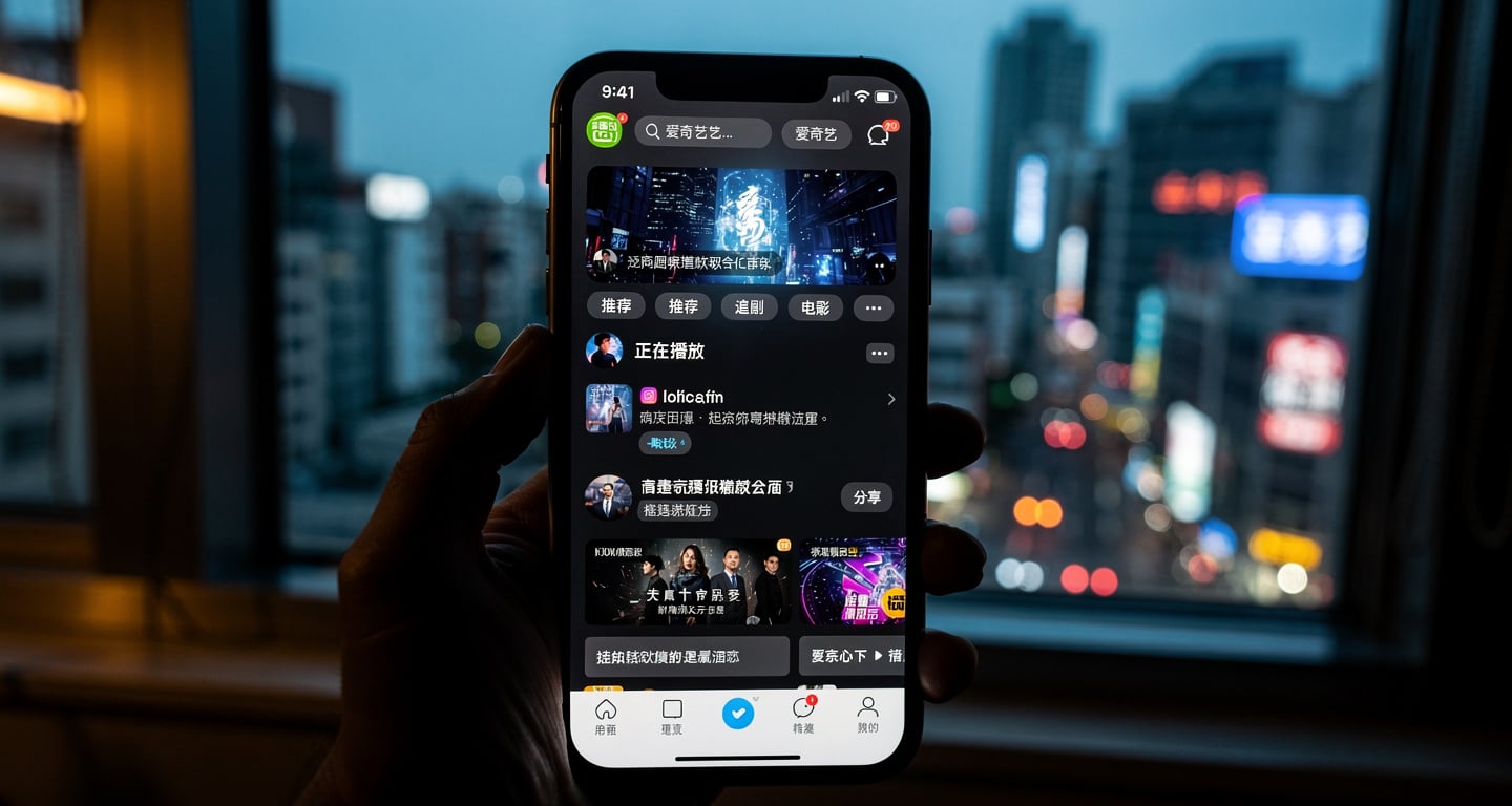 Smartphone displaying Chinese streaming app with Taipei skyline in background