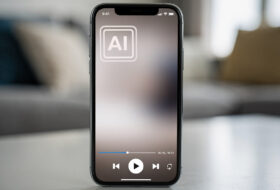 Smartphone displaying YouTube video with AI content label overlay