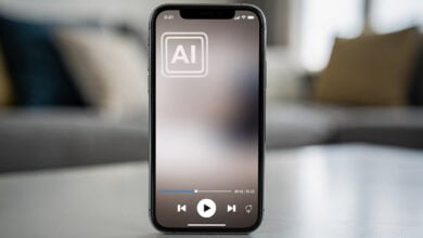Smartphone displaying YouTube video with AI content label overlay