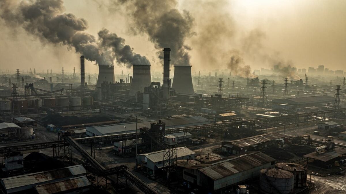 Smoking factory chimneys and coal power plant in Bangladesh under hazy sky