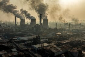 Smoking factory chimneys and coal power plant in Bangladesh under hazy sky