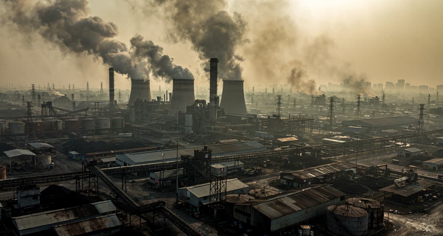 Smoking factory chimneys and coal power plant in Bangladesh under hazy sky